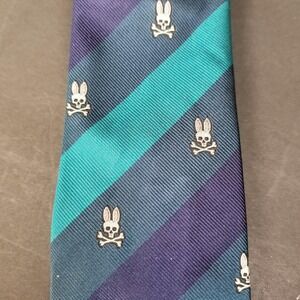 Psycho Bunny Robert Godley Mens Silk Tie Teal Navy Purple Striped Logo Spain